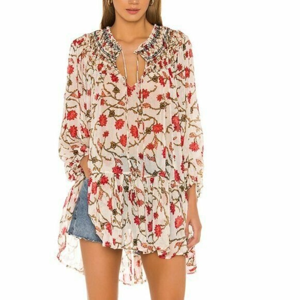 FREE PEOPLE Women's Keeping Up With Kara Sheer Floral Tunic Shirt Top XS